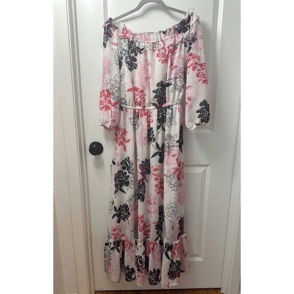 Robert Louis Dress Women Black Pink Maxi Dress On Off Shoulder Ruffled Floral M